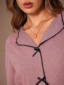 SHEIN 女士罗纹磨毛V领蝴蝶结长袖长裤睡衣套装，秋冬曲线睡衣套装，女士长袖睡衣两件套，舒适睡衣套装，长袖家居服套装，秋季服装 - 藕粉色 - 查看 5