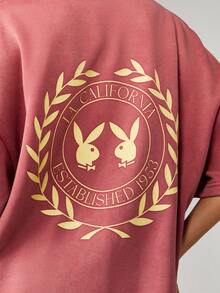 Missguided x Playboy Christmas Oversized Graphic Tee With California Bunny Logo Print Short Sleeve Cotton Blend Vintage Washed T-Shirt For Summer - Redwood - View 6