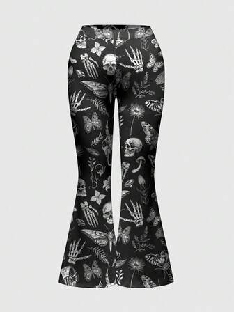 Gothic Dark Forest Mushroom, Plant, Skull, Sun & Moon Elastic Waist Flare Elegant Plus Size Women Pants