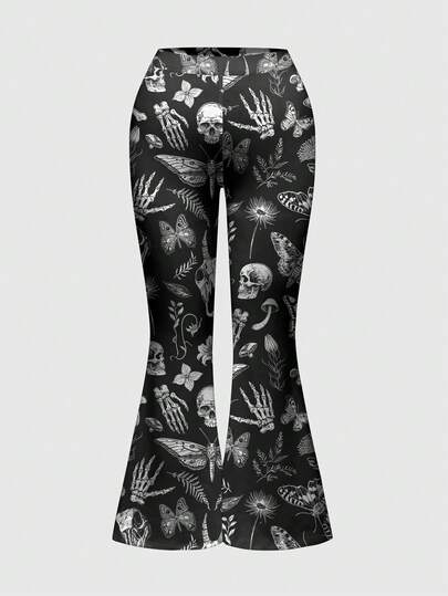 Goth Gothic Dark Forest Mushroom, Plant, Skull, Sun & Moon Elastic Waist Flare Elegant Plus Size Women Pants