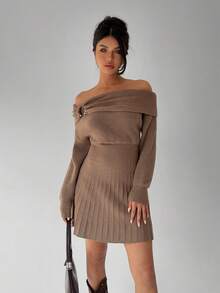 Aloruh 少女咖色一字肩金属拼接腰部百褶A字迷你连衣裙，秋冬 - 咖啡棕 - 查看 7