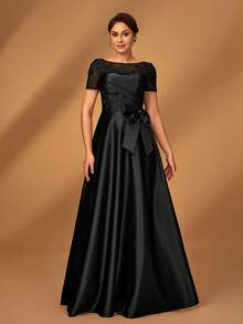 Serin 优雅奢华浪漫网纱拼接缎面褶皱奢华串珠贴花短袖蝴蝶结A字裙摆连衣裙，适合晚宴、约会、度假、舞会、婚礼、新娘母亲礼服、情人节等场合。 - 黑色 - 查看 5