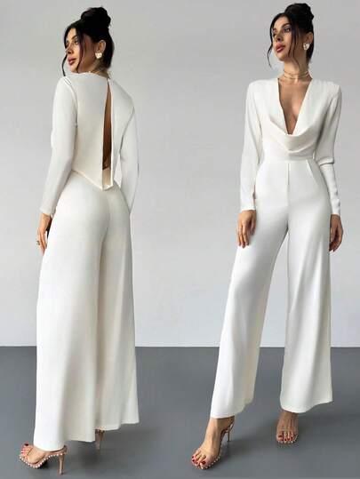 Firerie Elegant Modern Commute Romantic Date Sexy Party Beach Holiday Deep V-Neck Backless Waist-Cinched Long Sleeved Wide Leg White Pants, Suitable For Festivals, Weddings, Music Festivals,