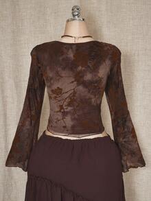 SHEIN ICON 女式秋冬碎花植绒烂花镂空系带领绿色衬衫 - 彩色 - 查看 11