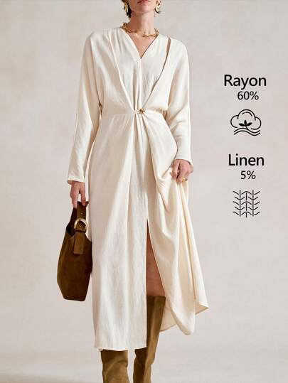 Duskaine Women's Cream White Elegant Long Sleeve Linen-Like Maxi Dress,Sweetheart Neck Slit Hem Retro French Street Style For Autumn Dining & Semi-Formal