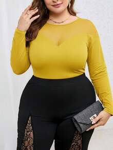 SHEIN Privé Plus Size Women Solid Color Round Neck Long Sleeve Mesh Patchwork T-Shirt/Winter - Yellow - View 5