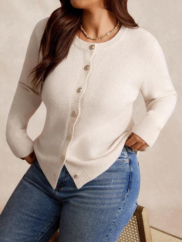 Nubod Plus Size Casual Solid Color Gold Button Wave Collar Long Sleeve Cardigan