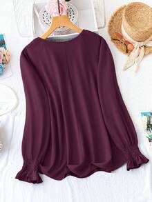 Plus Size Casual Solid Color Long Sleeve Shirt, Autumn - Red - View 2