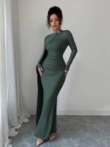 Elenzga Váy dự tiệc sinh nhật màu xanh da trời thanh lịch mùa hè mới, váy dài xếp ly eo đa năng dành cho nữ - màu xanh lá - Xem 7