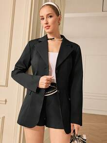 GENKIRA Black Deep V-Neck Wide Shoulder Cinched Waist Silhouette Fitted Sexy & Elegant Blazer For Women - Black - View 7