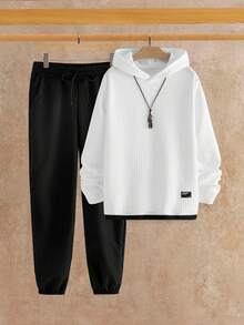 Manfinity VCAY Men's Contrast Color Long Sleeve Casual Waffle Knit Hoodie Set - White - View 6