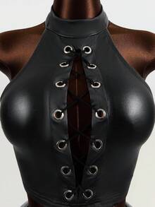 Mistrie Set de două piese pentru femei, culoare solidă, fără mâneci, cu guler înalt, sexy, punk, top scurt, decupat, fustă mini, cu nituri cu ochiuri și design cu șireturi, piele PU cu căptușeală termică subțire, și cool pentru streetwear, ținută de petrecere de Halloween, femei de toamnă, femei de iarnă.