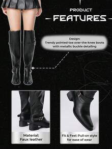 ROMWE Goth Women's Thigh High Boots 2025 New Fashion Autumn Winter Pointed Toe Thick Heel PU Leather Black Dual-Wear Buckle Strap Riding Boots For Christmas - Black - View 7