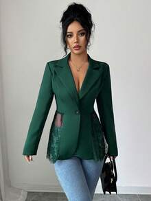 Elenzga Elegante chaqueta de mujer tipo blazer ajustada a la cintura con encaje romántico en contraste - Verde Oscuro - Ver 5