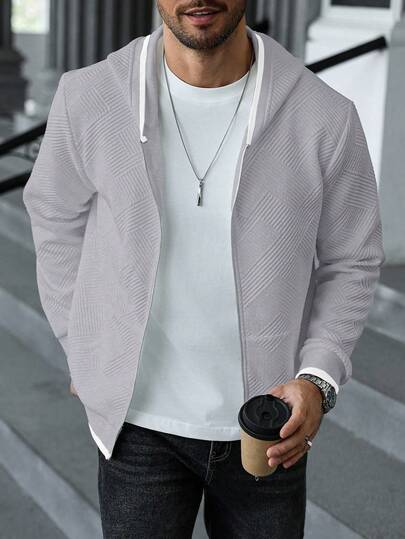 Manfinity CasualCool Herr Enfärgad Långärmad Dragkedja med Huva Casual Texturerat Tyg Sweatshirt Herr Dragkedja Jacka Grå Dragkedja Hoodie Herr Herr Eleganta Dragkedja Tröjor och Hoodies Herrkläder Casual