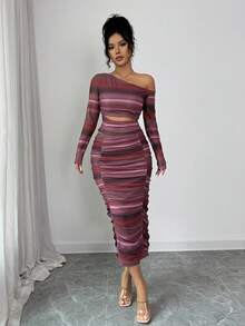 Rafferiza Women's Striped Asymmetric-Shoulder Long Sleeve Cropped Top And Pleated Midi Skirt Fitted 2 Pieces Set Elegant Midi Dress Sexy Curve Dress Slay Diva Dress - Multicolor - View 7