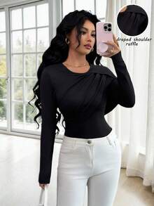 Rafferiza Women's Solid Color Round Neck Long Sleeve Ruched Fitted Fashion T-Shirt Long Sleeve Black Top Women Long Sleeve Tops Black Sexy Tops Full Sleeve Tops - Black - View 1
