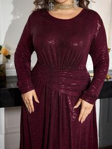 Modelyn 大码女式优雅亮片腰部收腰长款派对连衣裙，春秋季 - 酒紅色 - 查看 1