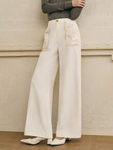 Cévolie Calça feminina folgada, casual, com bolsos bordados florais e pernas largas - Bege - Ver 5