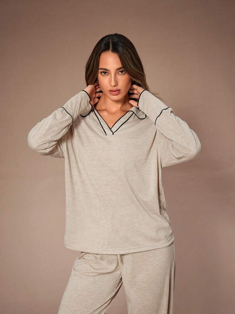 Lazeform 女士秋冬翻领长袖撞色边阔腿裤睡衣套装 - 卡其色 - 查看 4