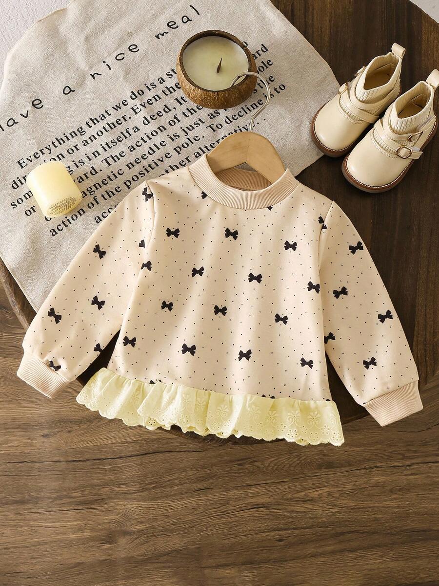 SHEIN Vintaside Kids 女婴时尚刺绣荷叶边下摆印花卫衣 - 杏色 - 查看 1