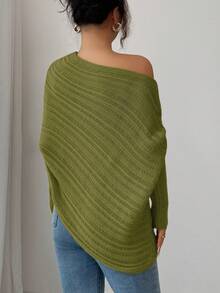 Elenzga 女士秋冬 Anneusta 上衣，适合假日/节日、独立日、音乐会、复古斯德哥尔摩街头风格、教师/办公室穿着，精致优雅的不对称领口长袖褶皱袖口撞色设计，工艺精湛，简约时尚百搭针织衫 - 橄欖綠 - 查看 2