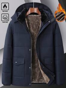 Manfinity Homme 男士秋冬时尚口袋保暖加厚羽绒服，可拆卸帽子，休闲宽松绗缝外套，藏蓝色，商务休闲两相宜，男士保暖加厚羽绒服，男士冬季外套，男士保暖加厚夹克，男士冬季派克大衣，男士连帽冬季外套，加厚羽绒服，男友/老公礼物，周年纪念礼物，男士休闲夹克，男士冬季外套，男士保暖外套 - 寶藍色 - 查看 1