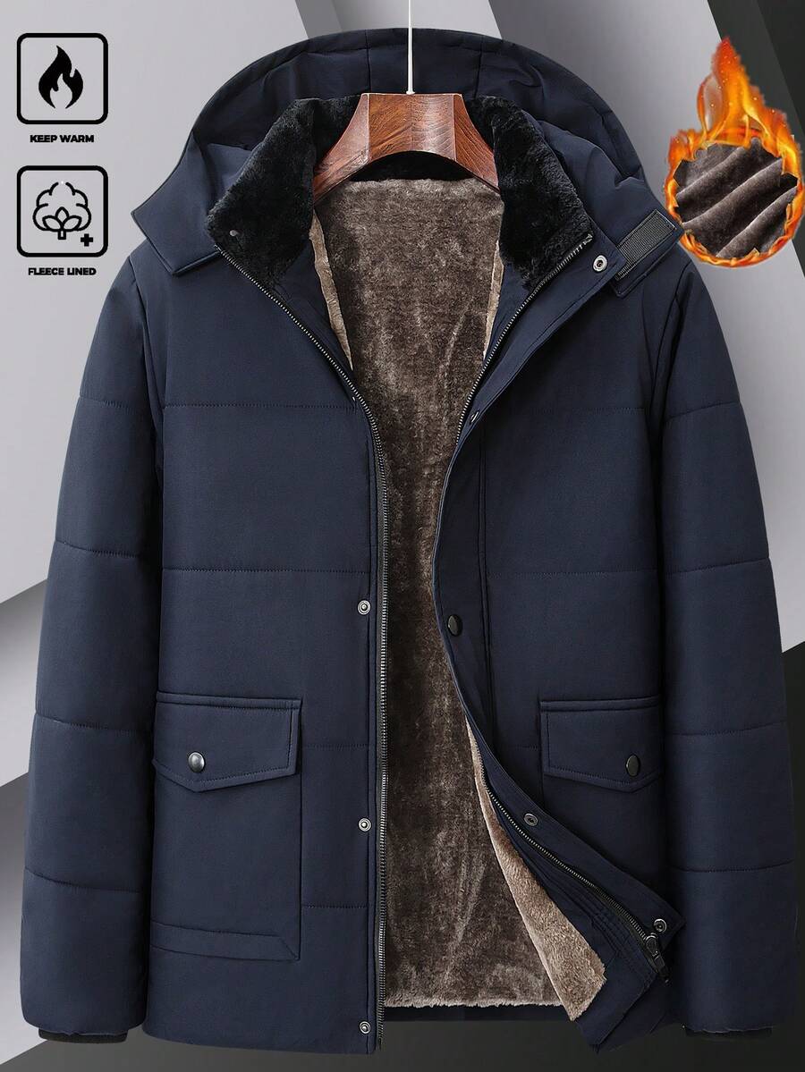 Manfinity Homme 男士秋冬时尚口袋保暖加厚羽绒服,可拆卸帽子,休闲宽松绗缝外套,藏蓝色,商务休闲两相宜,男士保暖加厚羽绒服,男士冬季外套,男士保暖加厚夹克,男士冬季派克大衣,男士连帽冬季外套,加厚羽绒服,男友/老公礼物,周年纪念礼物,男士休闲夹克,男士冬季外套,男士保暖外套 - 寶藍色 - 查看 1