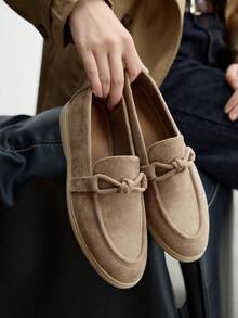 CUCCOO BIZCHIC 女式卡其色绒面革蝴蝶结设计舒适休闲乐福鞋，适合通勤、户外、旅行、购物、工作和日常穿着 - 卡其色 - 查看 6