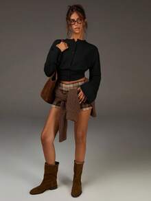 Athîral 女式时尚百搭纯色束腰喇叭袖开衫 - 黑色 - 查看 3