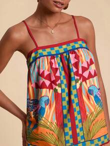 Travachic 女士度假印花宽松吊带背心，热带风情上衣，度假沙滩装上衣，时尚沙滩上衣，休闲度假，夏季假期，春假，派对，海滩，春季，情人节，墨西哥风情上衣，波西米亚风女式上衣 - 彩色 - 查看 1