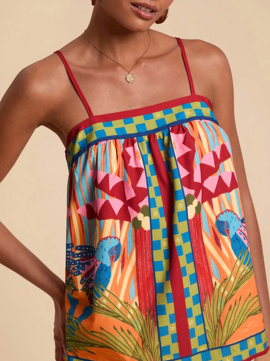 Travachic 女士度假印花宽松吊带背心，热带风情上衣，度假沙滩装上衣，时尚沙滩上衣，休闲度假，夏季假期，春假，派对，海滩，春季，情人节，墨西哥风情上衣，波西米亚风女式上衣 - 彩色 - 查看 1