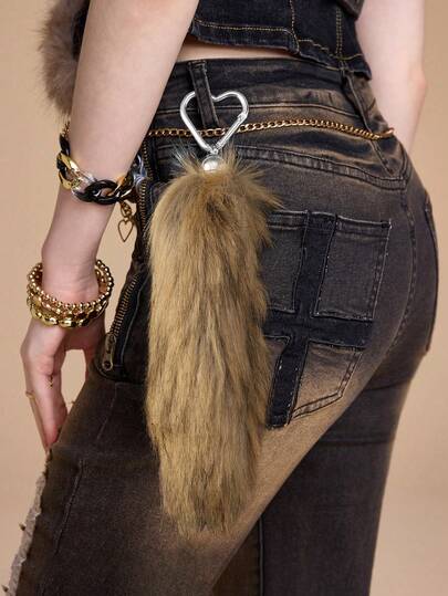 Grunge Punk 1 Stück Retro eleganter minimalistischer vielseitiger hochwertiger glitzernder brauner Kunstfell Tierschwanz Schlüsselanhänger & Taschenanhänger, geeignet für Frauen/Mädchen, ideales Geschenk für den täglichen Gebrauch oder Festivals