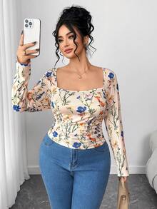 Elenzga Blusa de manga larga con cuello en U, estampado floral y fruncido, para mujer talla grande. Adecuada para el día a día, fiestas y transporte, otoño/invierno - Multicolor - Ver 1