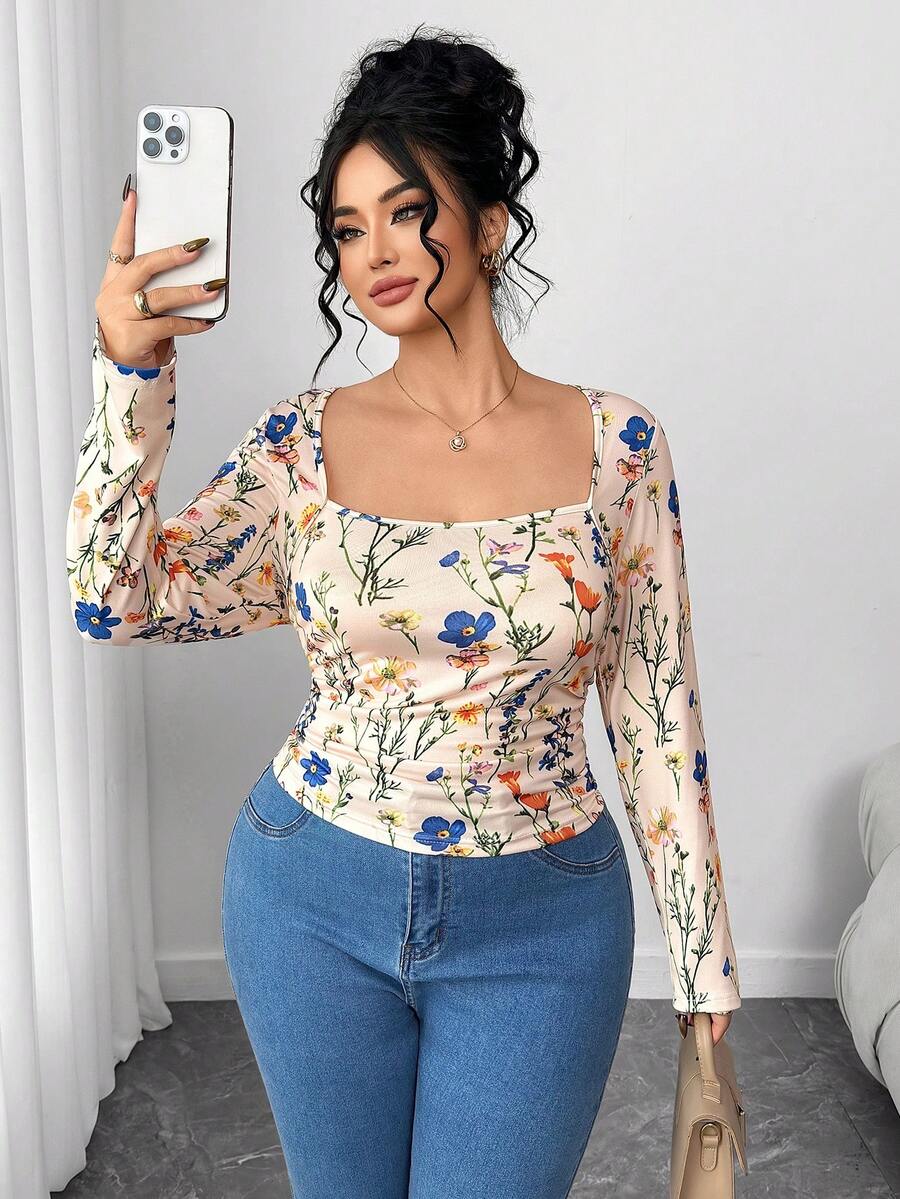 Elenzga Blusa de manga larga con cuello en U, estampado floral y fruncido, para mujer talla grande. Adecuada para el día a día, fiestas y transporte, otoño/invierno - Multicolor - Ver 1