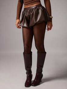 Avenya 皮革花蕾形迷你裙短裤 - 紫紅色 - 查看 4