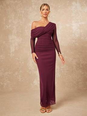 Lumalex VITNOS Tenue de fête modeste pour l'automne et l'hiver, paillettes "old money", pour fête, rave, festival, vacances, style bohème, mariage, cérémonie, plage, vacances d'hiver, Pâques, mariage en plein air, fête, cérémonie, rentrée scolaire. Robe maxi ajustée à une épaule, décorée, en maille rouge, pour femmes. Robe à une épaule, robe à une manche, robe bordeaux, robe bordeaux, robe drapée, robes élégantes pour femmes, robe de bal, robe de cocktail