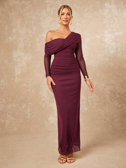 Lumalex VITNOS Fall Winter Modest Old Money Glitter Holiday Party Outfit Rave Festival Outing Swim Vacation Bohemian BOHO Hot Outdoor Richly Layered Wedding Season Banquet Coming Of Age Ceremony Beach Seaside New Winter Beach Vacation Easter Bohemian Style Beach Outdoor Wedding Party Adult Ceremony Back To School Party Elegant Angola Red Mesh One Shoulder Ruched Decor Fitted Bodycon Maxi Dress For Women One Shoulder Dress One Sleeve Dress Burgundy Dress Wine Dress Draped Dress,Elegant Dresses For Women,Prom Dress ,Wedding Guest Dress Women