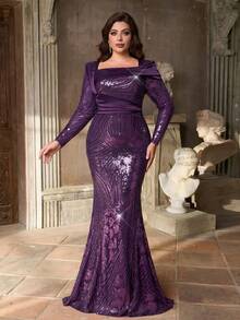 Aureia 大码秋冬优雅华丽紫色亮片拼接缎面不对称领口长袖褶皱修身鱼尾连衣裙，适合晚宴、单身派对、约会、节日、舞会、婚礼、晚宴等场合（重工款）、宾客礼服、情人节等。 - 紫色 - 查看 7