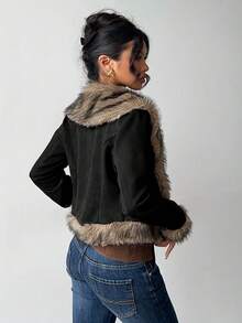 Aloruh 女士秋冬绒面抓绒外套，黑色波西米亚性感外衣，拼接人造毛皮大衣 - 黑色 - 查看 3