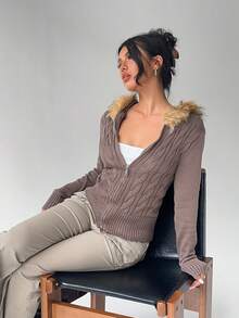 Aloruh 少女秋冬新款针织开衫，麻花针织拼布长袖棕色毛衣 - 棕色 - 查看 4