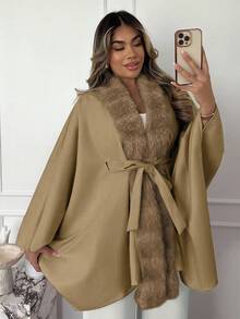 Lyxana Áo choàng Poncho buộc cổ lông giả cao cấp cổ điển dành cho nữ, mùa thu/đông - Màu Khaki - Xem 4