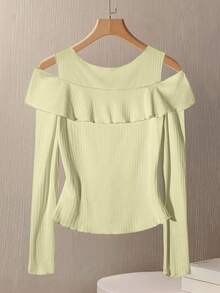 GlowEve Women's Solid Color Button Design Off-Shoulder Long Sleeve Ribbed T-Shirt - Beige - View 2