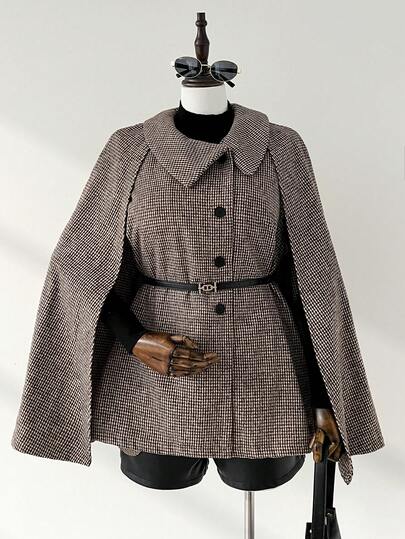 Auralis Plus Size Women's Autumn And Winter Fashion Casual Brown Loose Comfortable Daily Versatile Slim Khaki Cape Top And Vest Jacket 2-Piece Set, Two-Wear Jacket, Fall Outfits, Winter Clothes, Women's Winter Coat, Vintage Brown Jacket