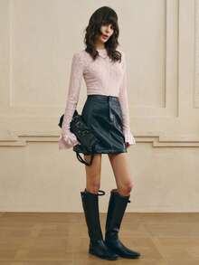 女式秋季新款法式圆领蕾丝拼接绉纱喇叭袖衬衫 - 粉色 - 查看 5