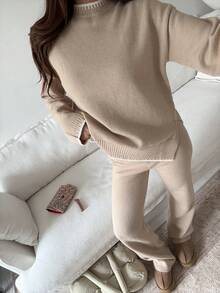 SHEIN Unity 2pcs Women Colorblock Rib-Trim Round Neck Long Sleeve Sweater And Pants Set Fall Winter Cloth For Women - Khaki - View 4
