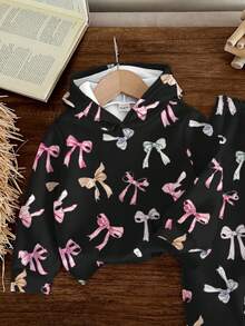 Cute Sweet Bow Print, Collegiate Style, French Retro Sweet, Young Girl Loose Sporty Comfortable Casual Minimalist Hoodie And Sweatpants 2 Pieces Set, Suitable For Autumn/Winter, Casual Campus Sports Style, Outdoor Picnic, Outings, Street Photography, Home, Campus - Multicolor - View 4