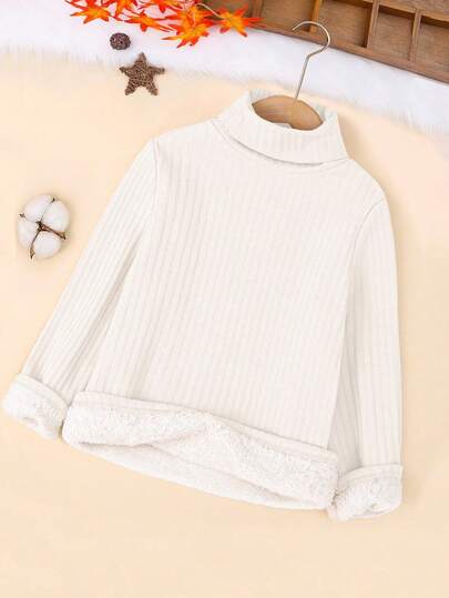 Tween Girls Ribbed Knit Fleece Lined Warm Comfortable Long Sleeve Turtleneck T-Shirt