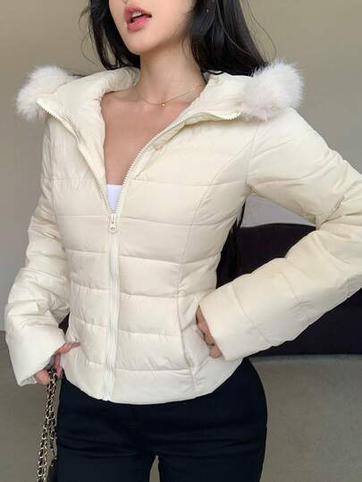 DAZY 女式休闲毛领拼布棉服外套，秋冬