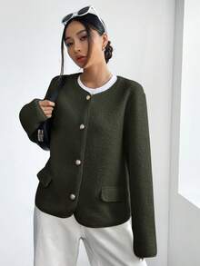 SHEIN Unity 纯色前扣休闲保暖长袖夹克，秋冬 - 軍綠色 - 查看 3